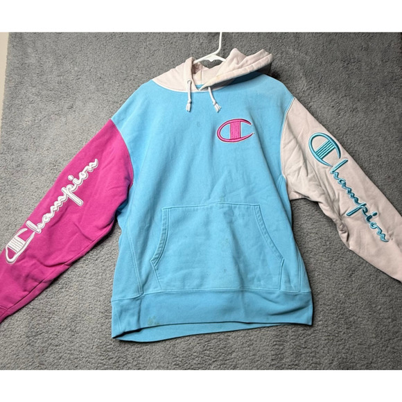 Champion Reverse Weave Hoodie Adult Large Blue Pink and White Hooded Long Sleeve - Picture 1 of 11